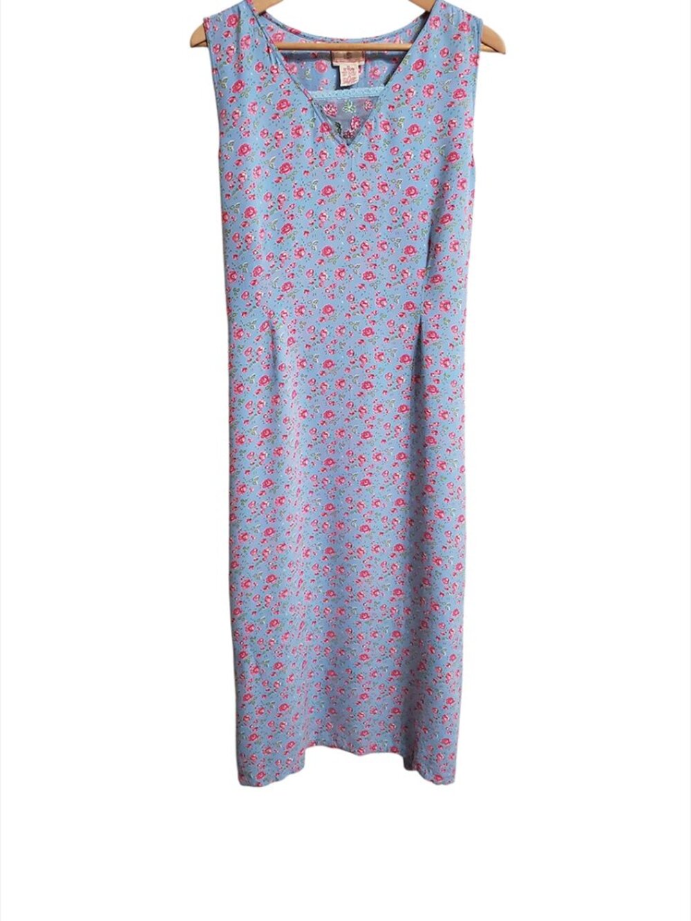 April Cornell Vintage Midi Dress XL Ditsy Floral Blue Pink Sleeveless Ties Y2K